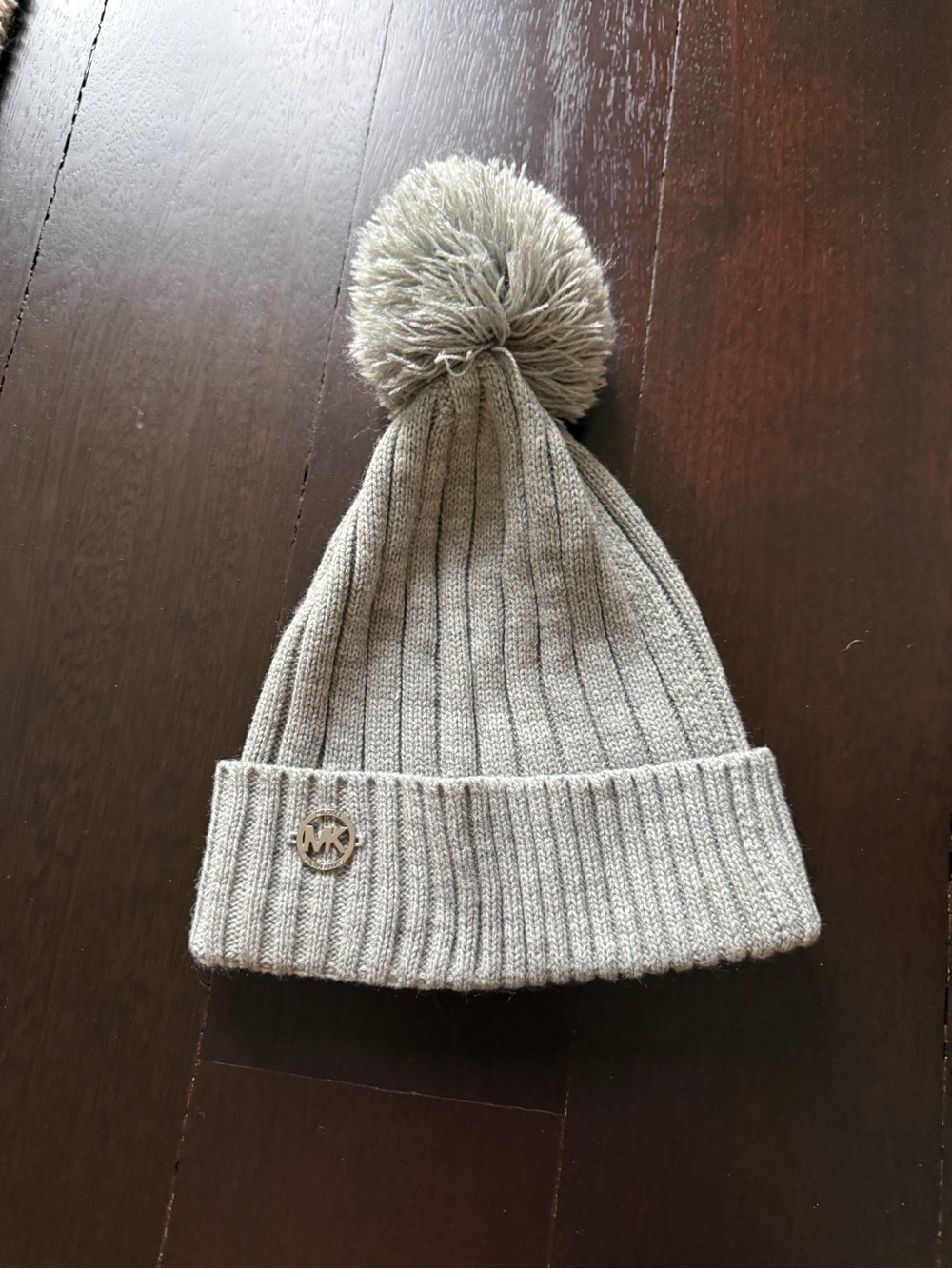 Michael Kors Light Grey Ribbed Knit Beanie with Pom